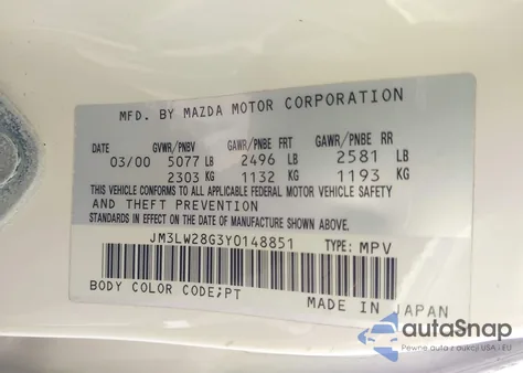 2000 Mazda Mpv Dx/Es/Lx from USA, damaged, VIN JM3LW28G3Y0148851